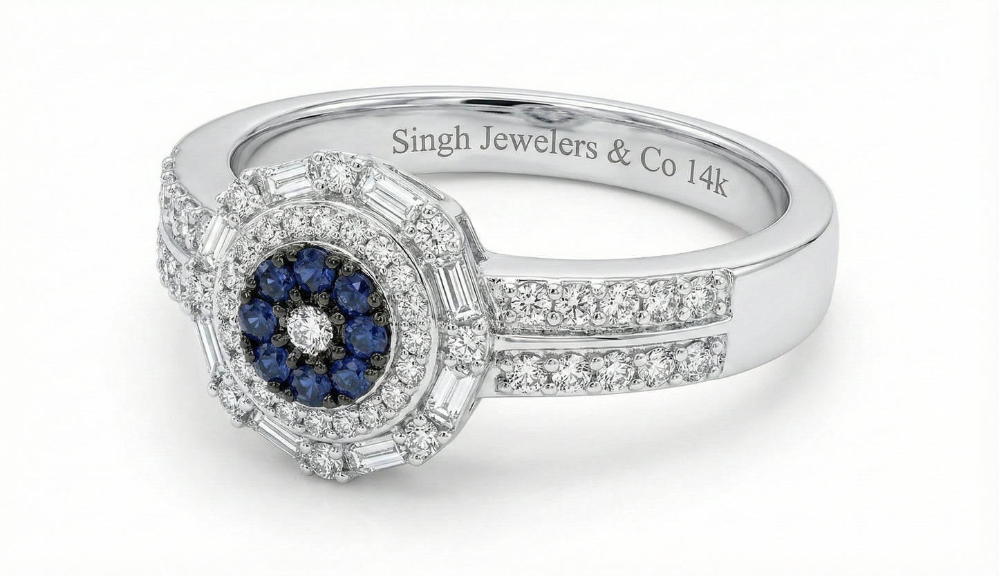 Silver ring with blue gemstone and diamond accents, branded 'Singh Jewelers & Co'.