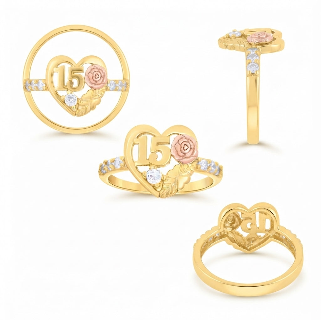 Close-up of 14K Sweet 15 Anos birthday ring