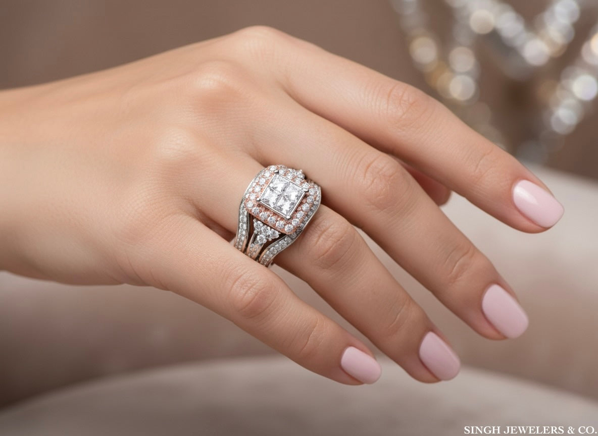 Model wearing 14K White Gold Princess Cut Diamond Bridal Ring Set with 2.87 CTTW