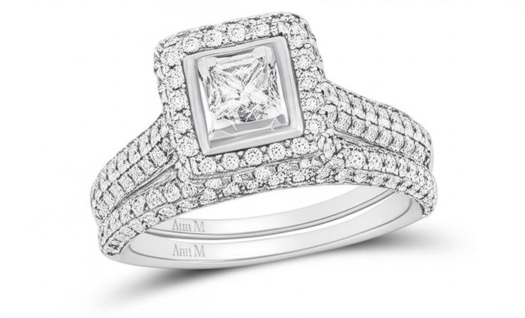 14K White Gold Princess Diamond Halo Bridal Wedding Ring Set – 1 1/4 CTTW (Certified)
