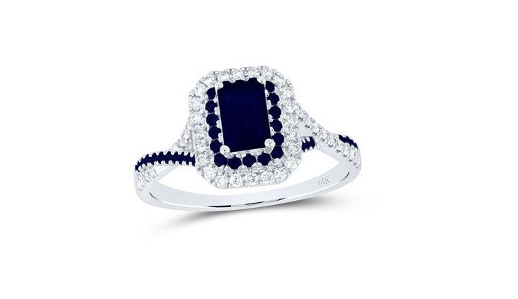 14K white gold engagement ring with blue sapphire and round diamonds