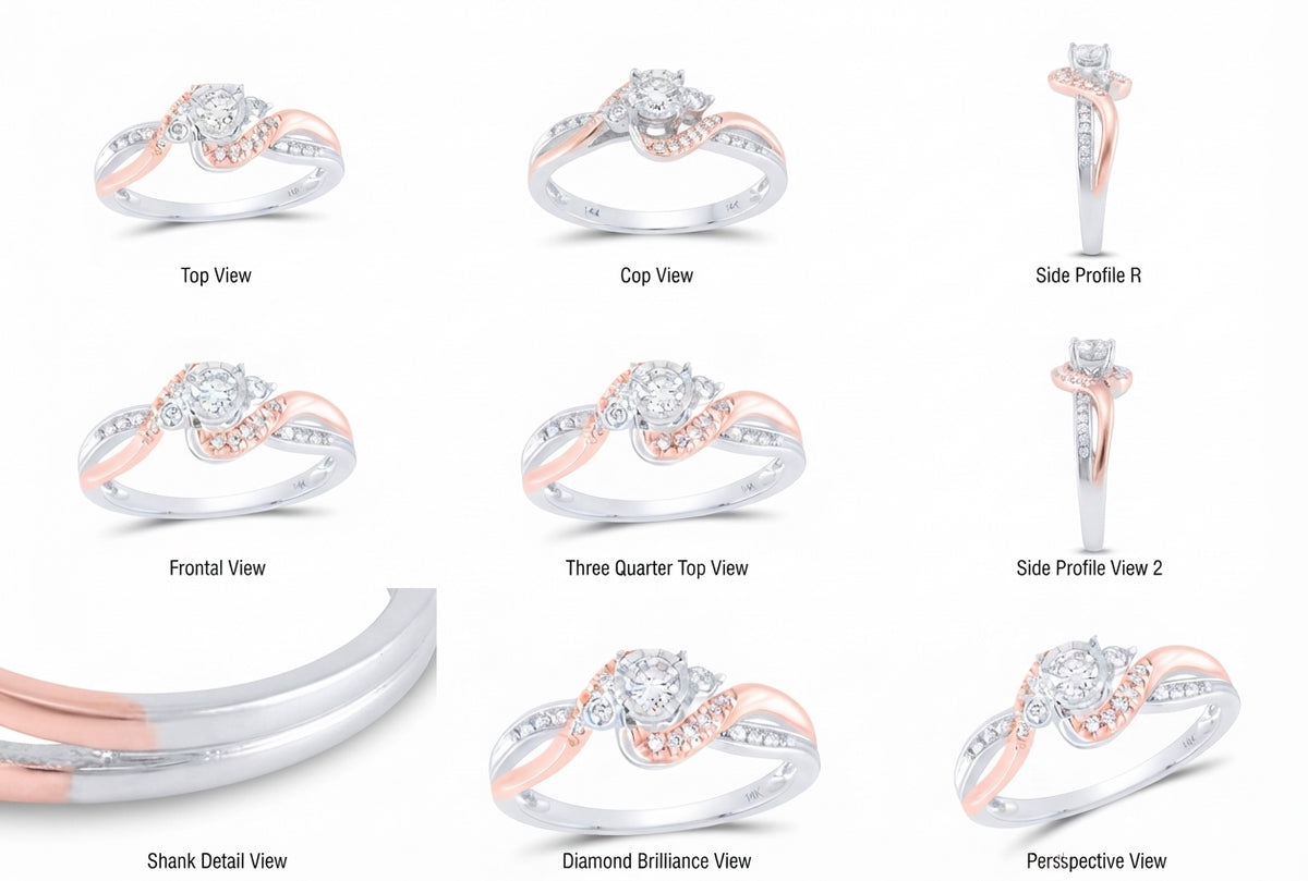 14K white gold and rose gold 1/4 CTW Forever Hearts Together bypass shank engagement ring different angles