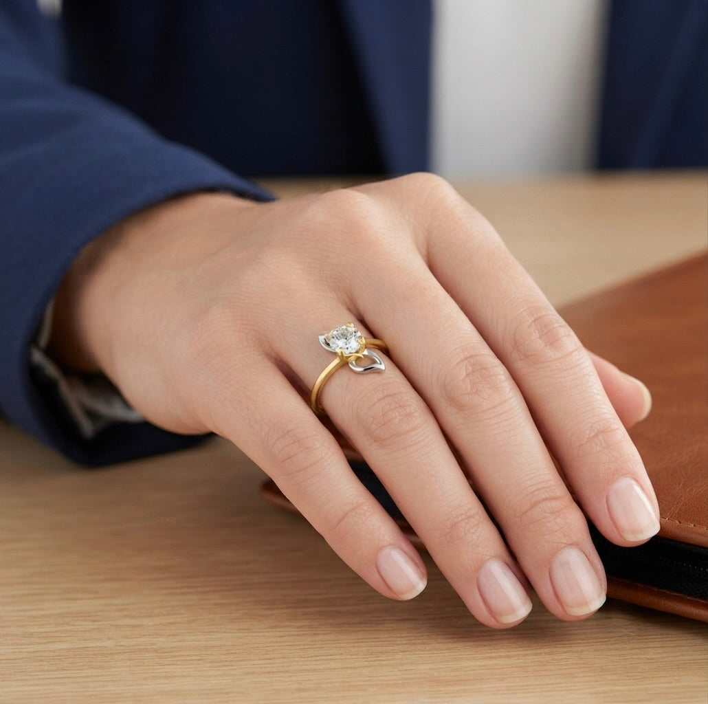 14K white sapphire leaf promise ring in genuine 14K gold with elegant nature-inspired design on hand