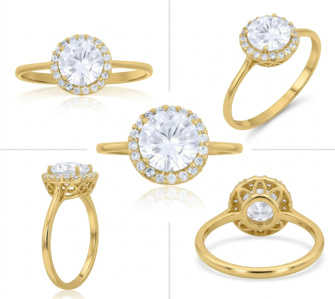 Detailed view of the yellow gold band and halo setting on a cubic zirconia engagement ring