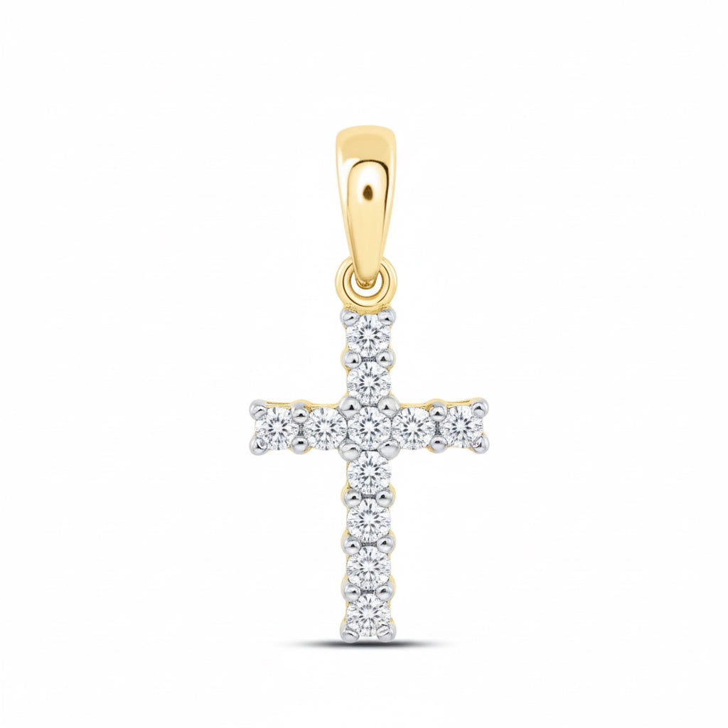 Close-up of 14K gold diamond cross pendant, perfect for gifting