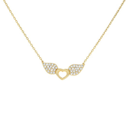 14k yellow gold flying heart charm necklace with cubic zirconia