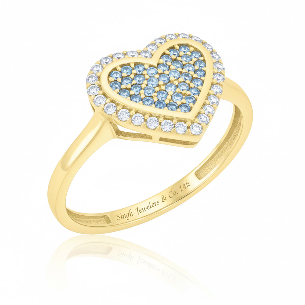 14k yellow gold heart ring with blue and white cubic zirconia