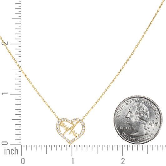 14k Yellow Gold Women's Cubic Zirconia Heartbeat in Heart Charm Necklace – 18" (16" + 2")