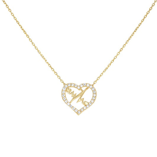 14k Yellow Gold Women's Cubic Zirconia Heartbeat in Heart Charm Necklace – 18" (16" + 2")