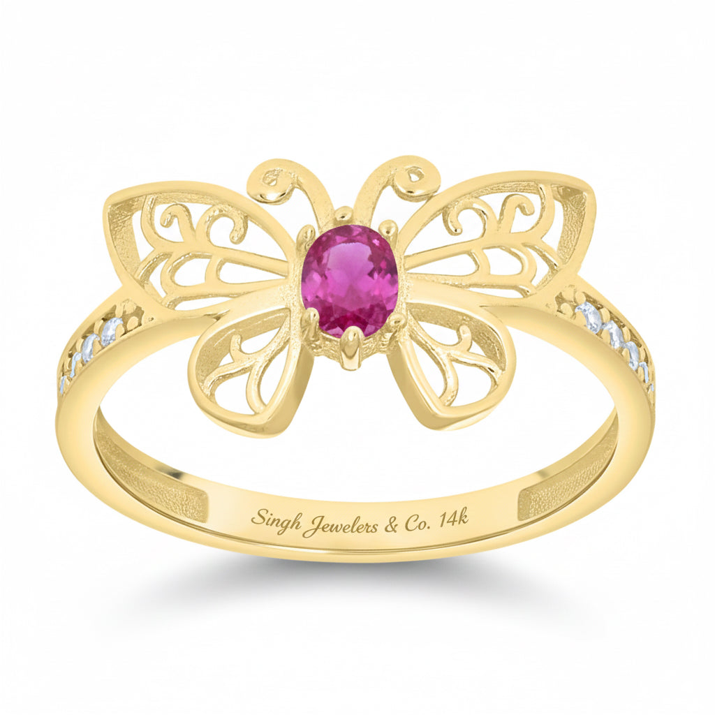 14k yellow gold oval pink cubic zirconia butterfly ring
