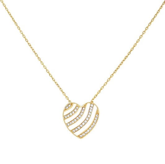 14k Yellow Gold Striped Heart Charm Necklace with Sparkling Cubic Zirconia