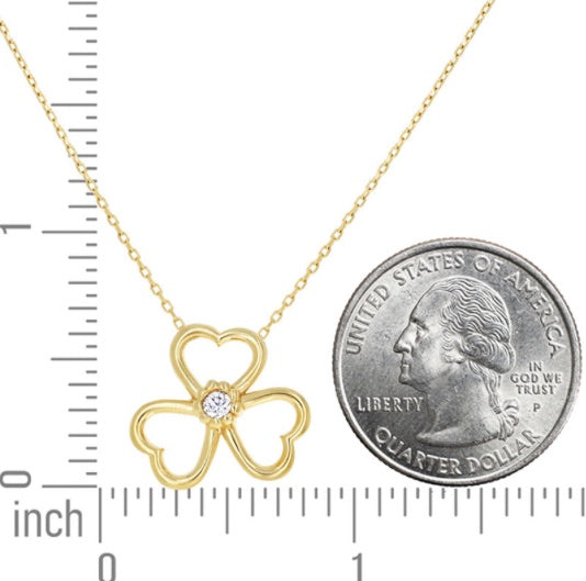 14K Yellow Gold Women's Three Leaf Clover Necklace, Cubic Zirconia Good Luck Pendant, 18 Inches