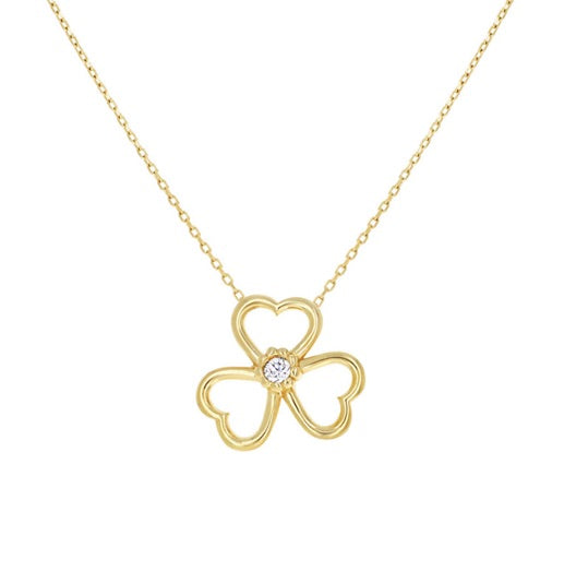 14K Yellow Gold Women's Three Leaf Clover Necklace, Cubic Zirconia Good Luck Pendant, 18 Inches