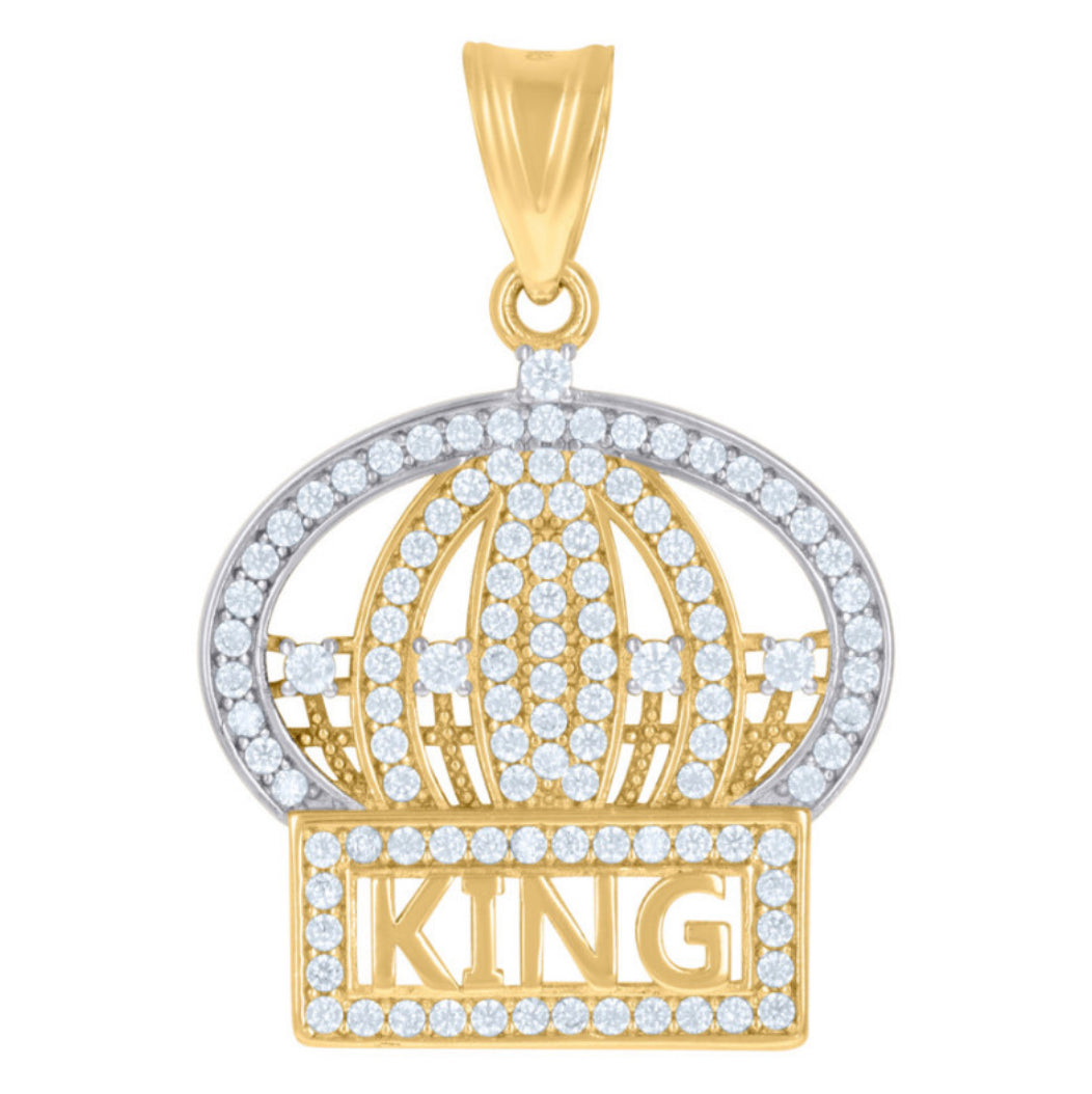 14Kt Two-Tone Gold Men's King Crown Pendant with White Sapphires - Luxury Custom Jewelry