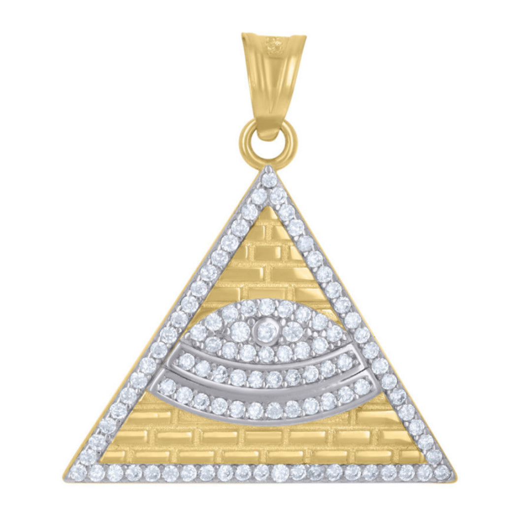 14Kt Yellow Gold Men's White Sapphires Pyramid Evil Eye Good Luck Charm - Luxury Protection Jewelry