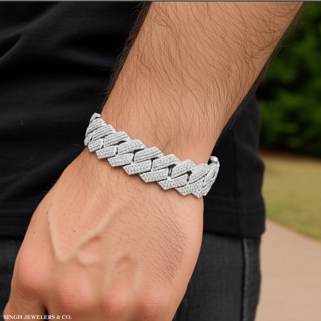14mm Moissanite Cuban Link Bracelet in Sterling Silver, 8 Inch, worn on model's hand, men's iced out jewelry