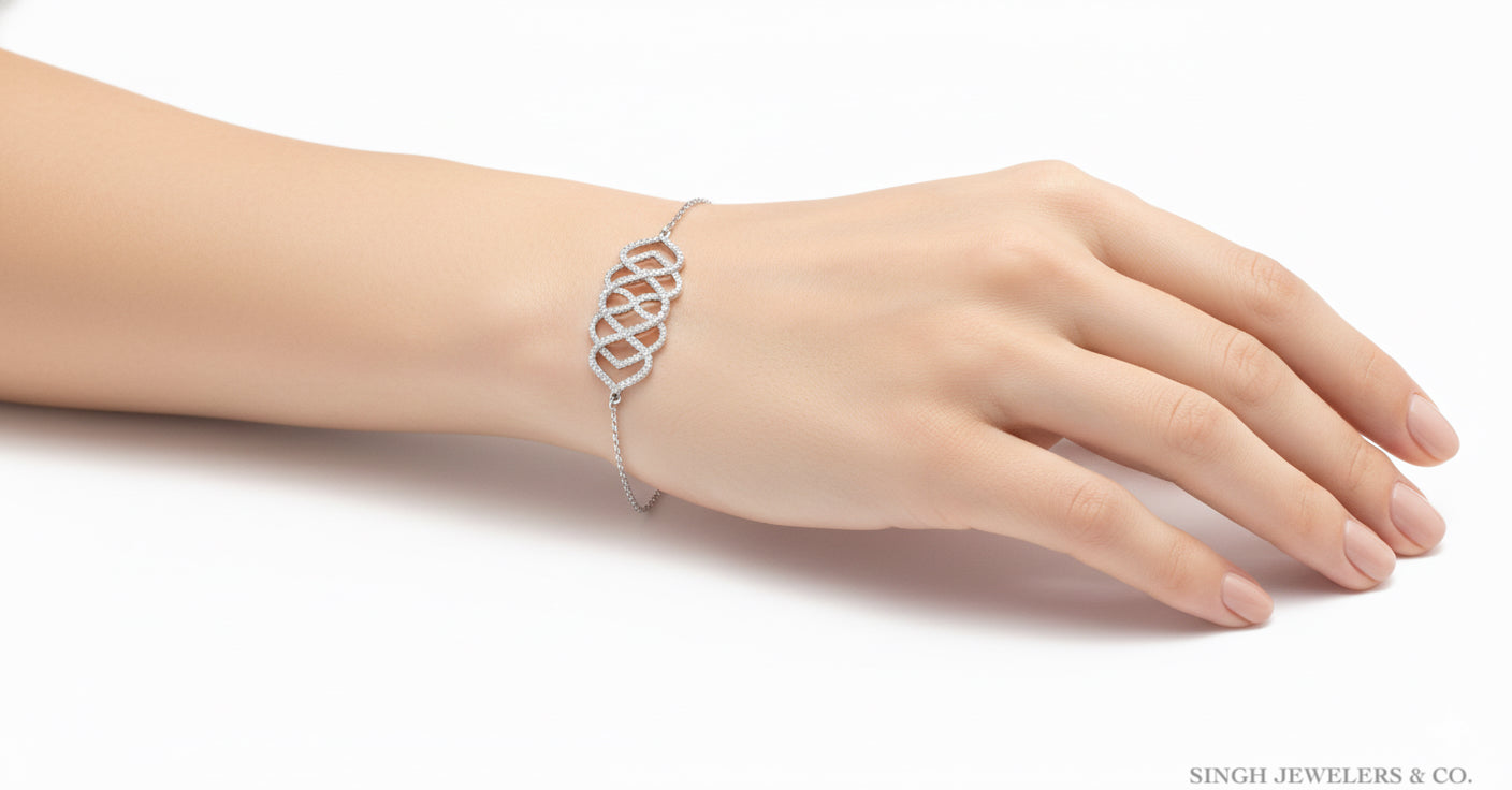 Silver bracelet on a person's wrist against a white background