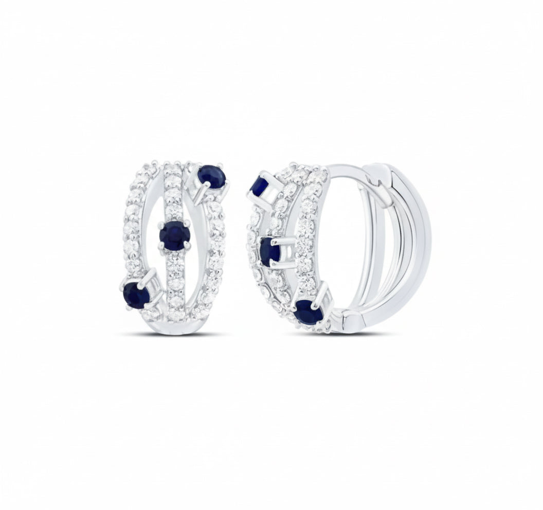 3/8 CTW natural diamond and blue sapphire hoop earrings in 14k white gold