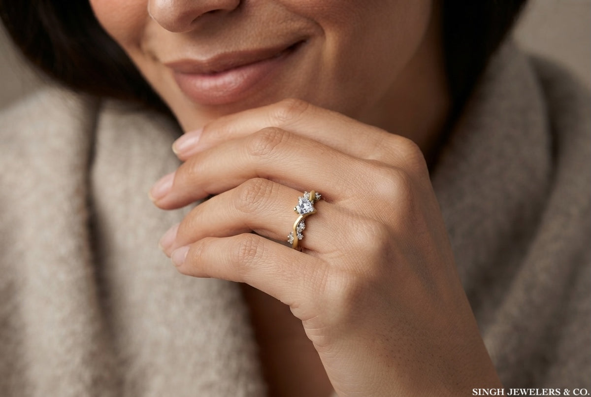Close-up of natural diamonds on 14K white gold marquise ring