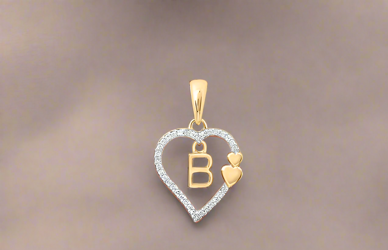10K Double Hearts Diamond Initial B