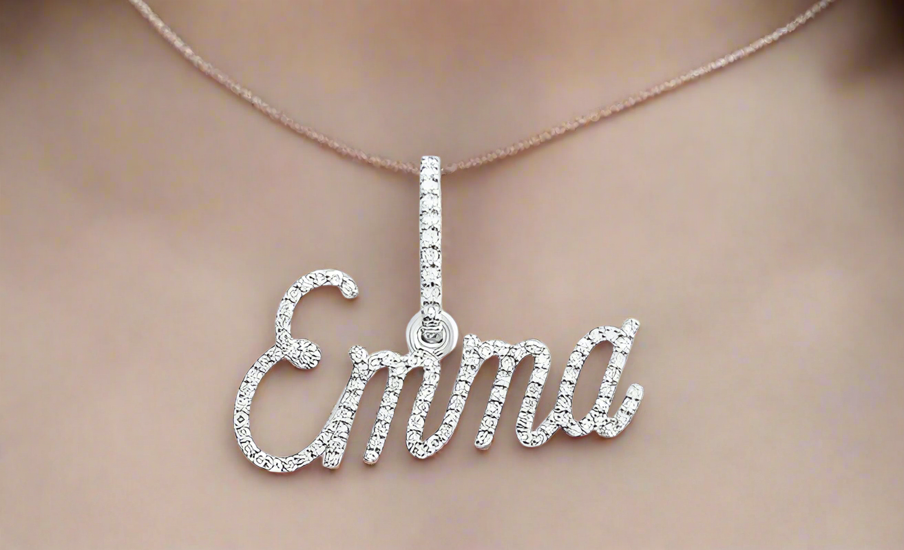 14k White Gold 1/3 Cttw Emma Round Diamonds Name Pendant