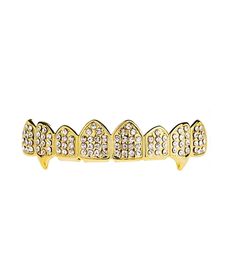 Gold Tone Grillz Fangs Cubic Zirconias 8 Tops Teeth