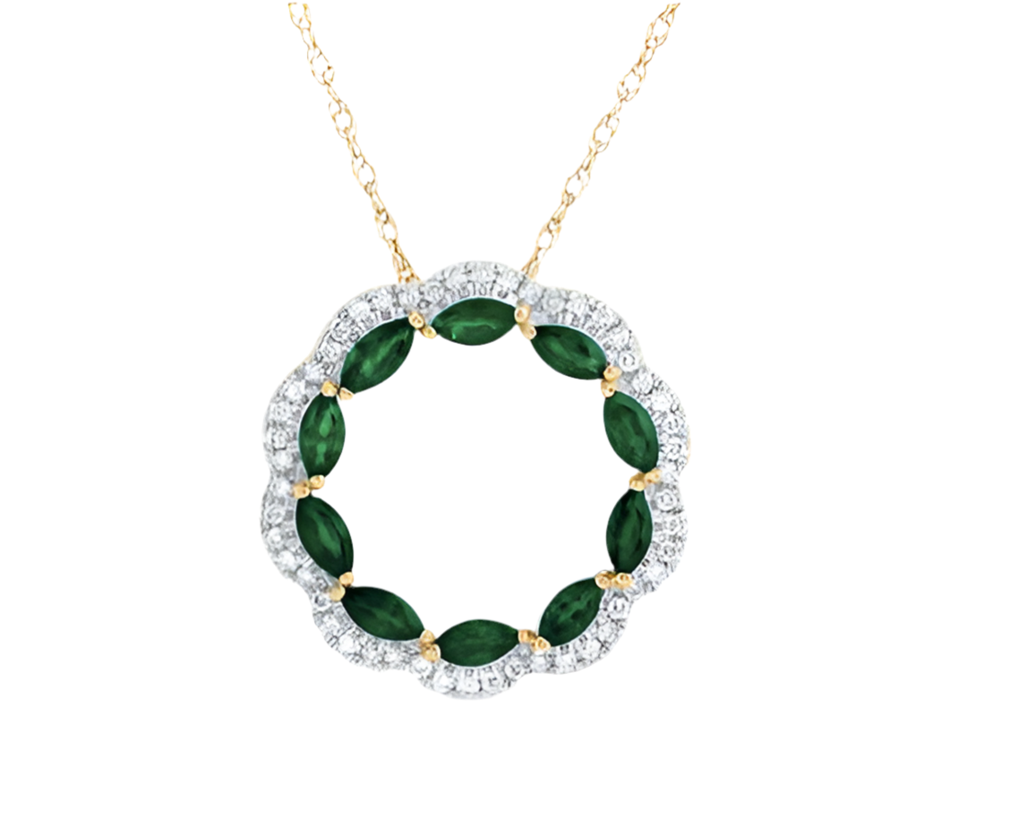 14K Natural Gemstone 1/5 Cttw Marquise Round Diamond Necklace CN 7/8CTW Emerald Necklace