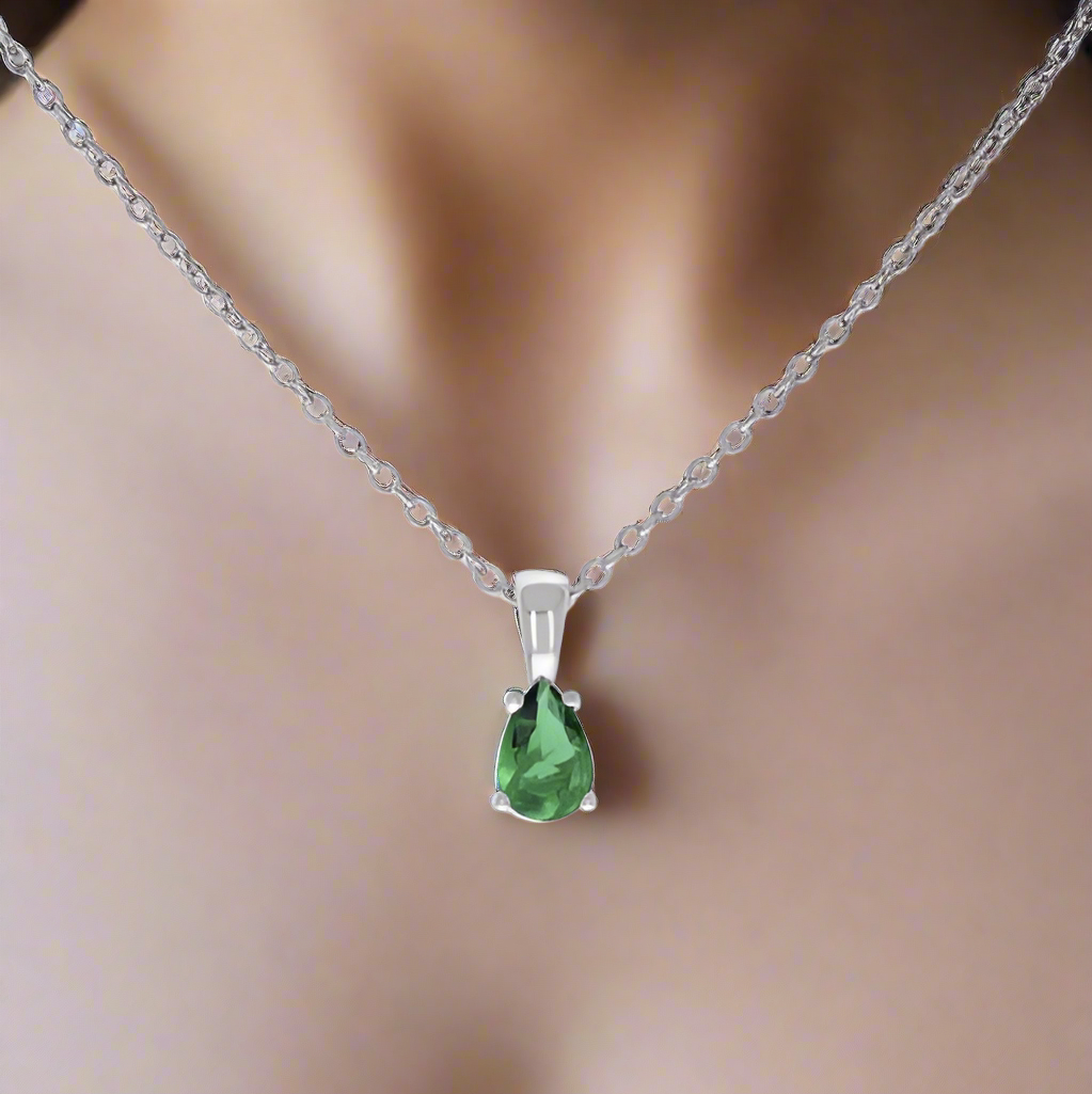 Sterling Silver Green Stone Pear Tear Drop Charm Necklace