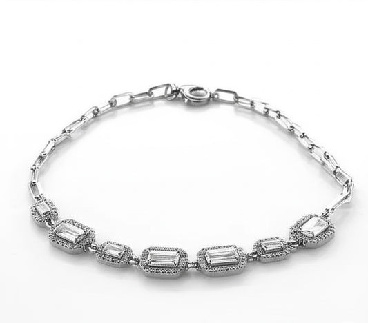 Sterling Silver Paper clip Link CZ baguette stones bracelet