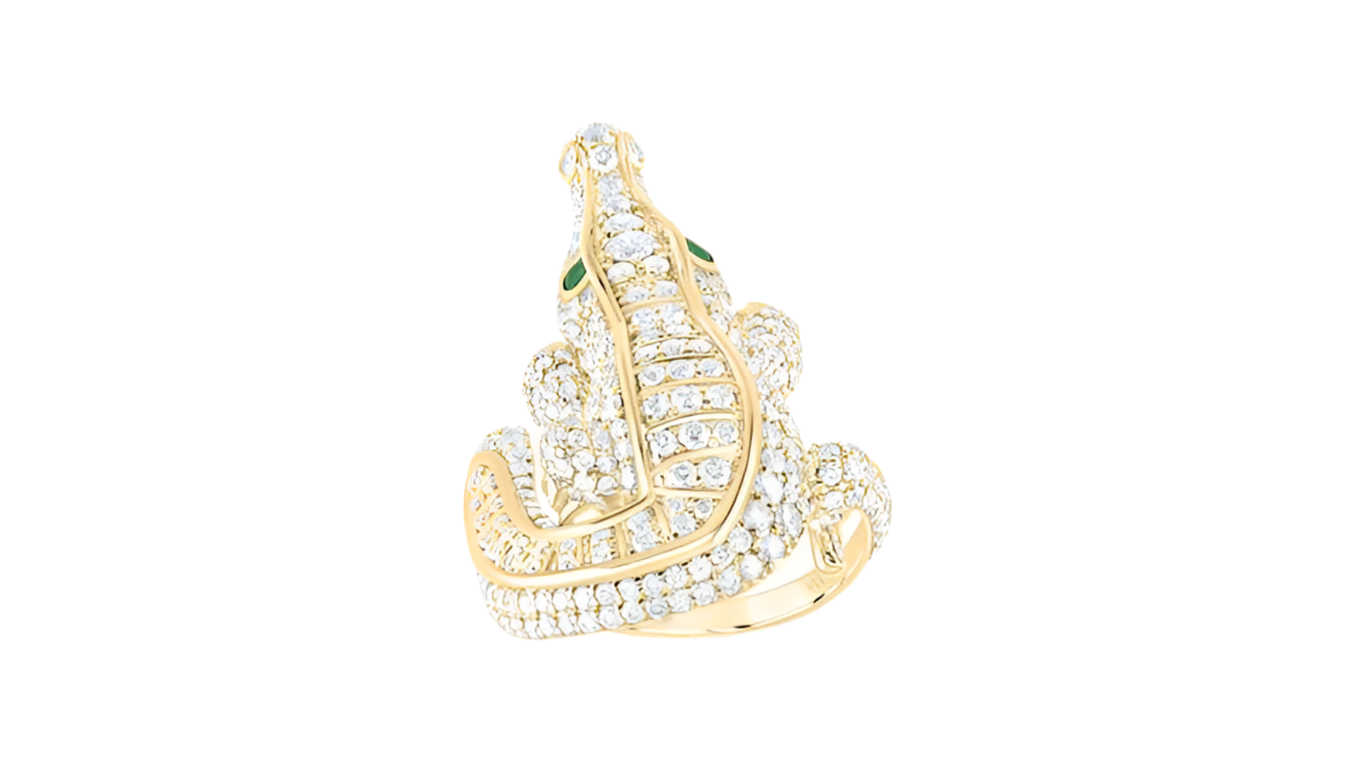 14k Yellow Gold 2 & 7/8 Cttw Diamond Crocodile Natural Emerald Gemstone Ladies Ring