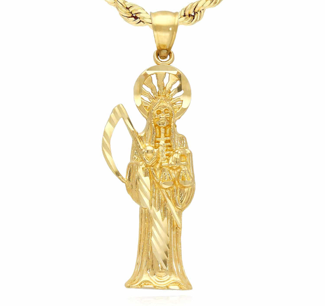 10k Yellow Gold Diamond Cut Santa Muerte Grim Reaper Death Charm 1.4”