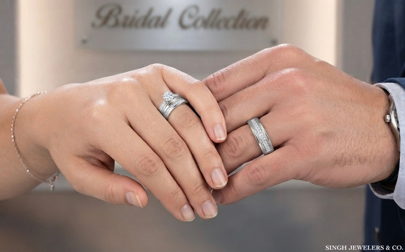 7/8 CTW natural round diamond trio bridal ring set in 10K gold white gold