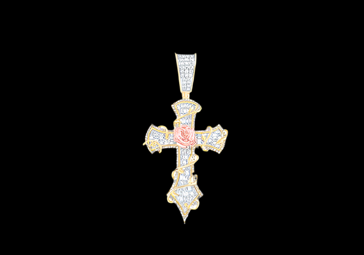 10k Yellow Gold Crome Rose 1 & 3/4 Cttw Diamond Cross