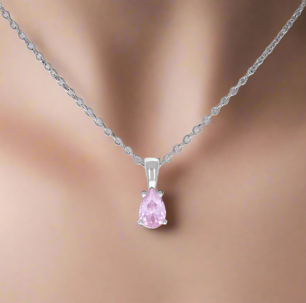 Sterling Silver Pink Stone Pear Tear Drop Charm Necklace