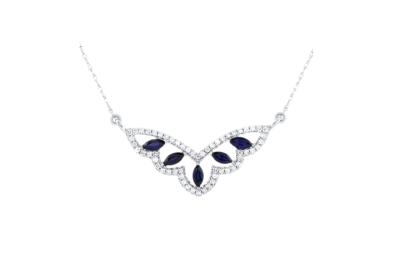 14K White Gold 1/4 Cttw Diamond Natural Blue Sapphire Marquise 1/2 Cttw Necklace