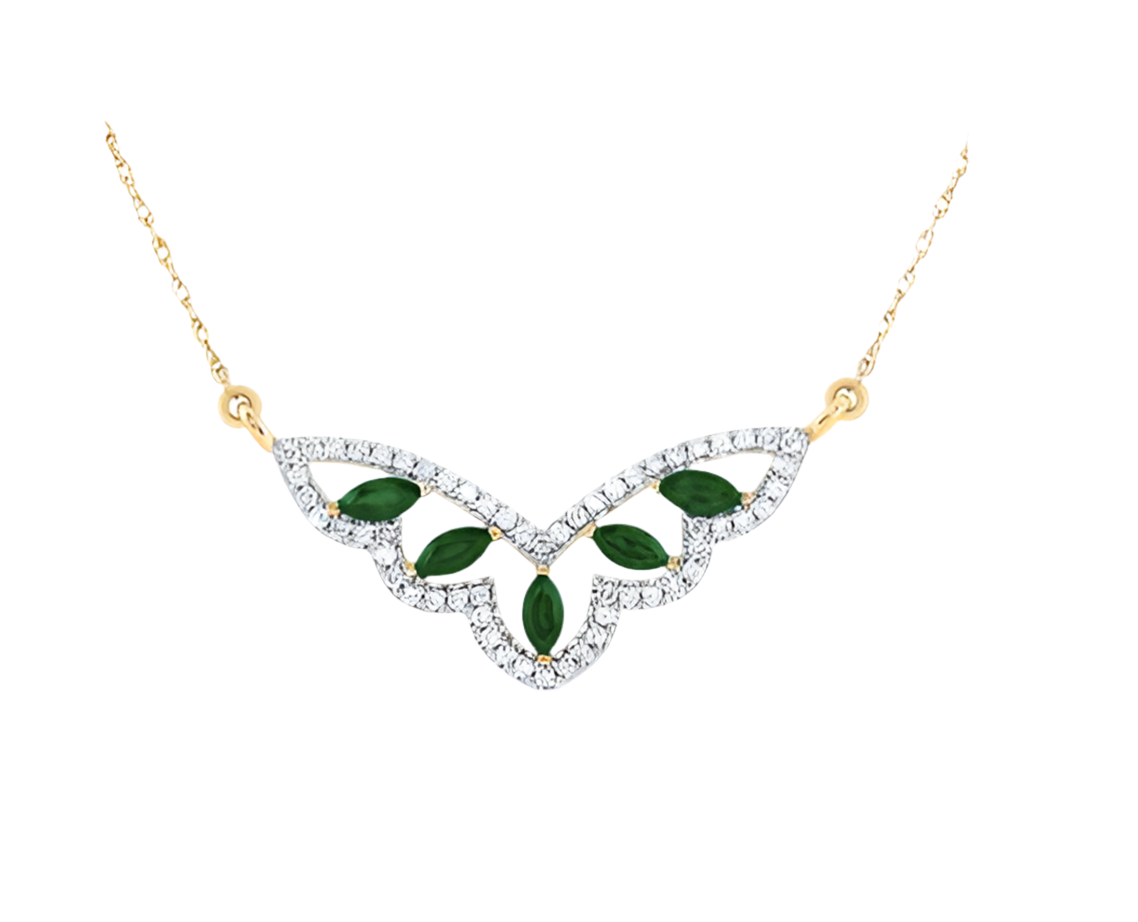 14k Yellow Gold Natural Emerald 3/8 Cttw Gemstone 1/4 Cttw Diamond Necklace