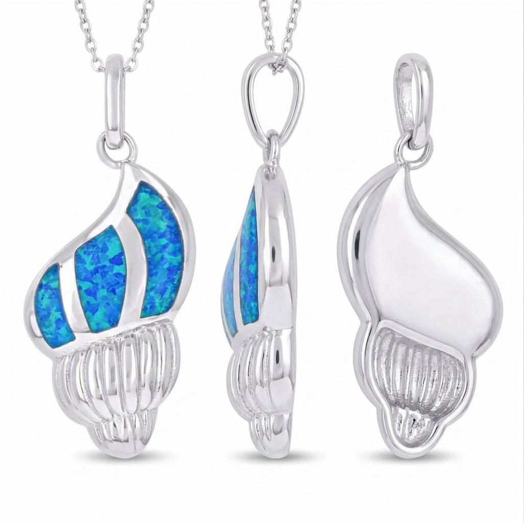 925 silver shell pendant featuring blue opal details