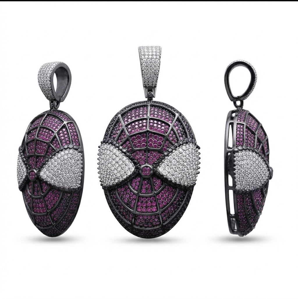 925 sterling silver men's purple Spider-Man head pendant with cubic zirconia side views