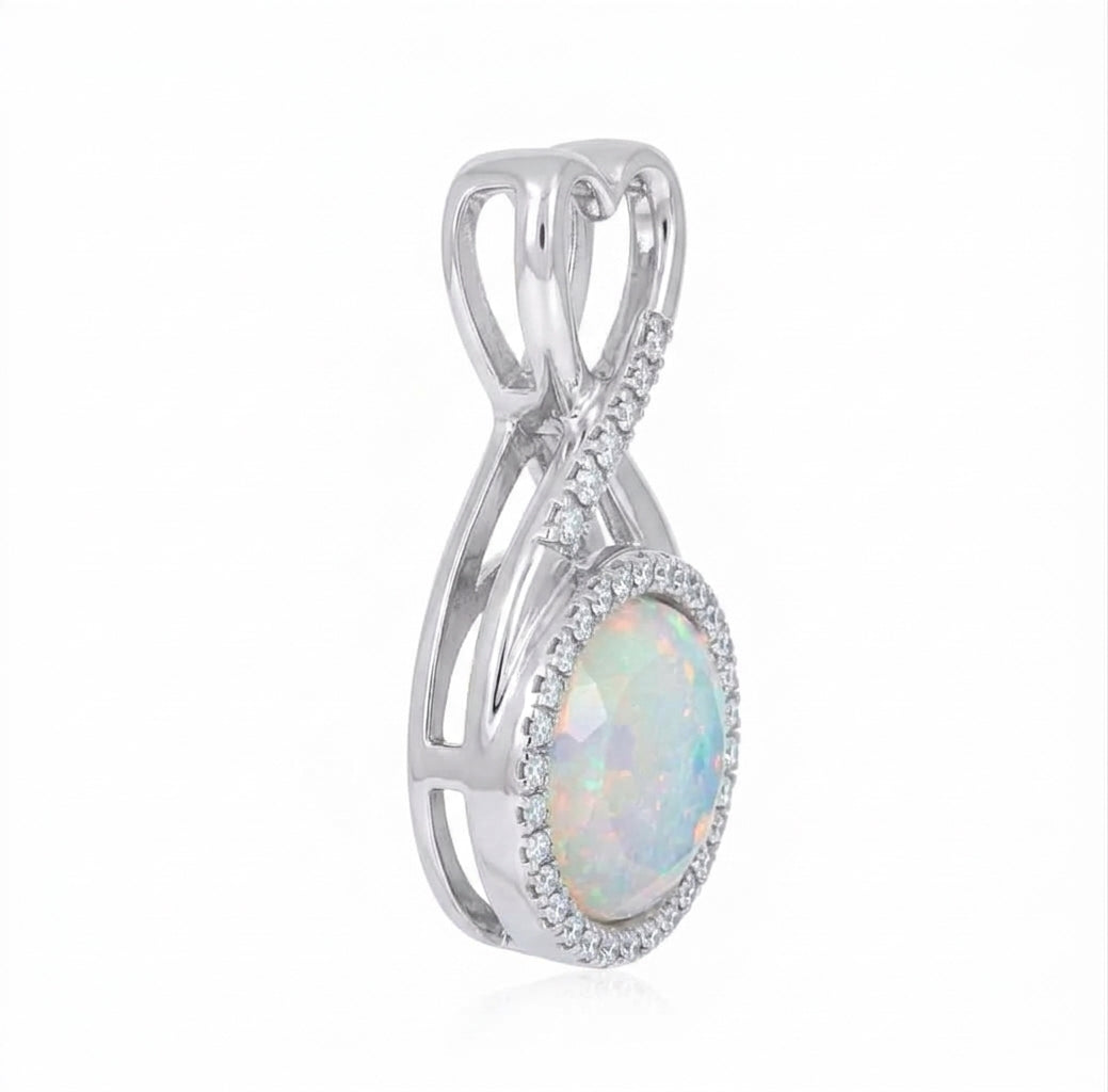 925 sterling silver white opal heart pendant with cubic zirconia accents, 24 mm high and 12.5 mm wide side view