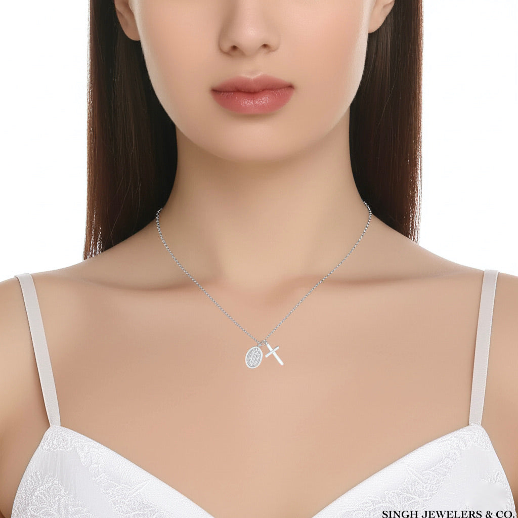 925 sterling silver women’s cross & Guadalupe necklace on a rolo link chain