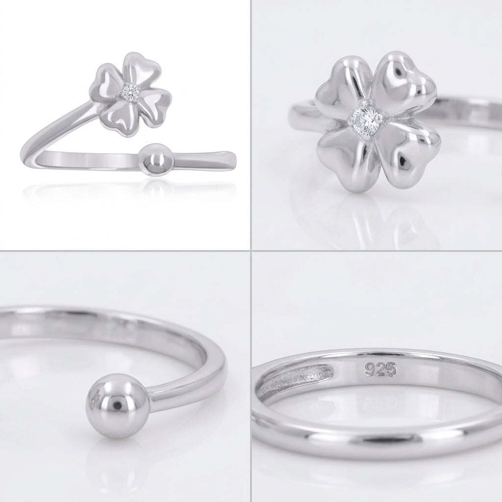 925 sterling silver women's clover ring featuring sparkling cubic zirconia stones different views
