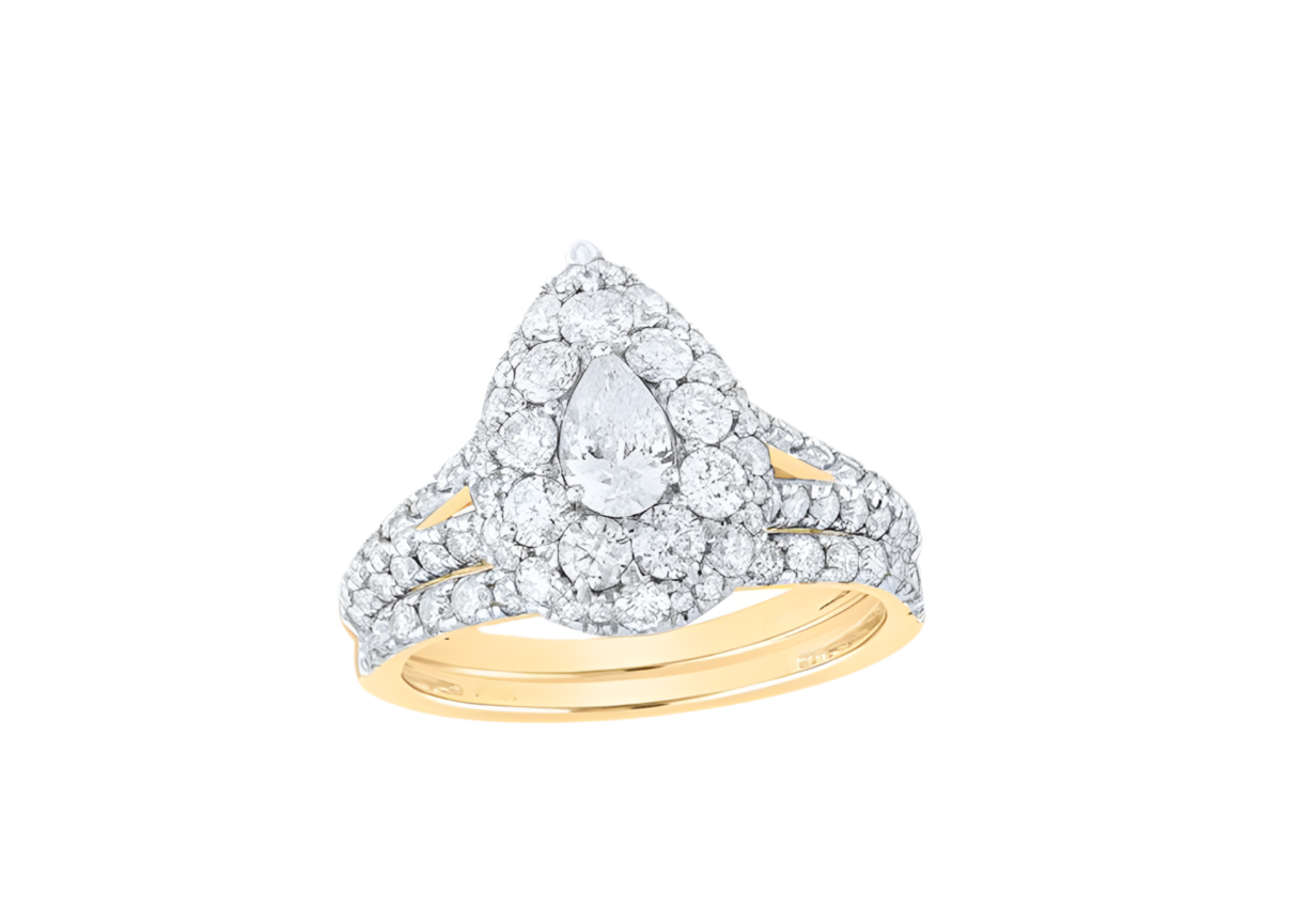 14K Pear Halo Bridal Wedding Ring Set