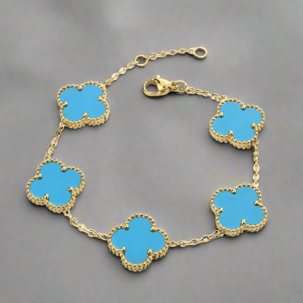 10K Yellow Gold Sky Blue 10mm Clover Bracelet - 7.5" Adjustable