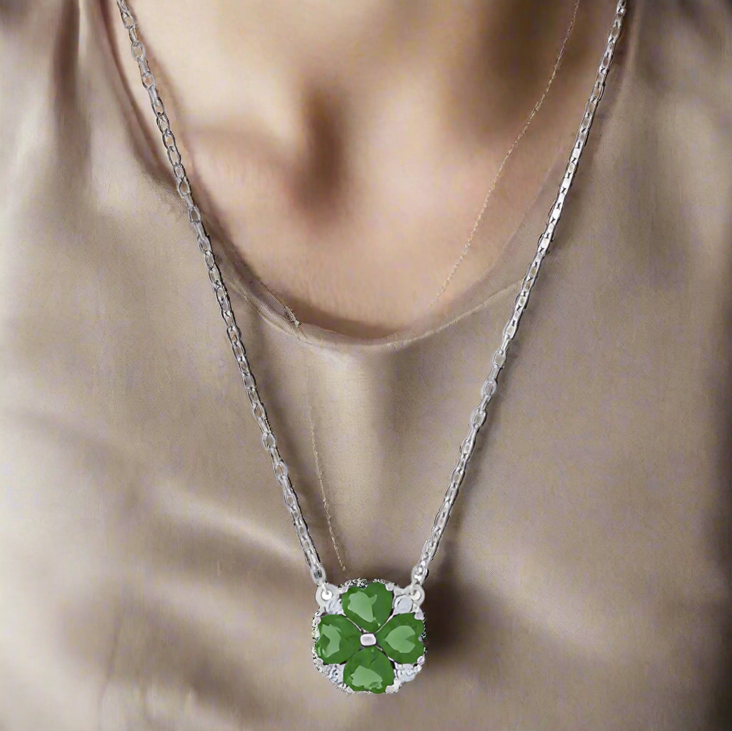 Sterling Silver Women Green Cubic Zirconia Heart Clover Flower Necklace