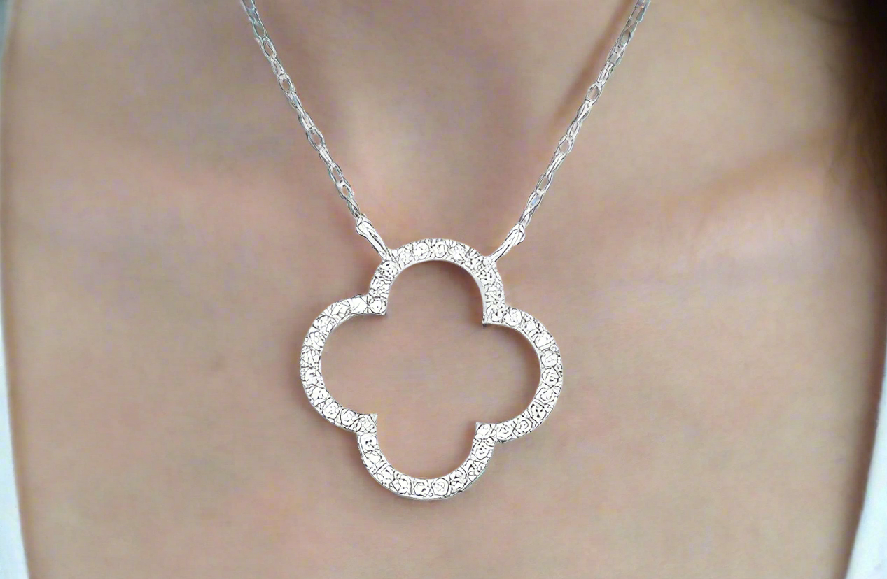 10K White Gold 1/10 Cttw Diamond Clover Necklace