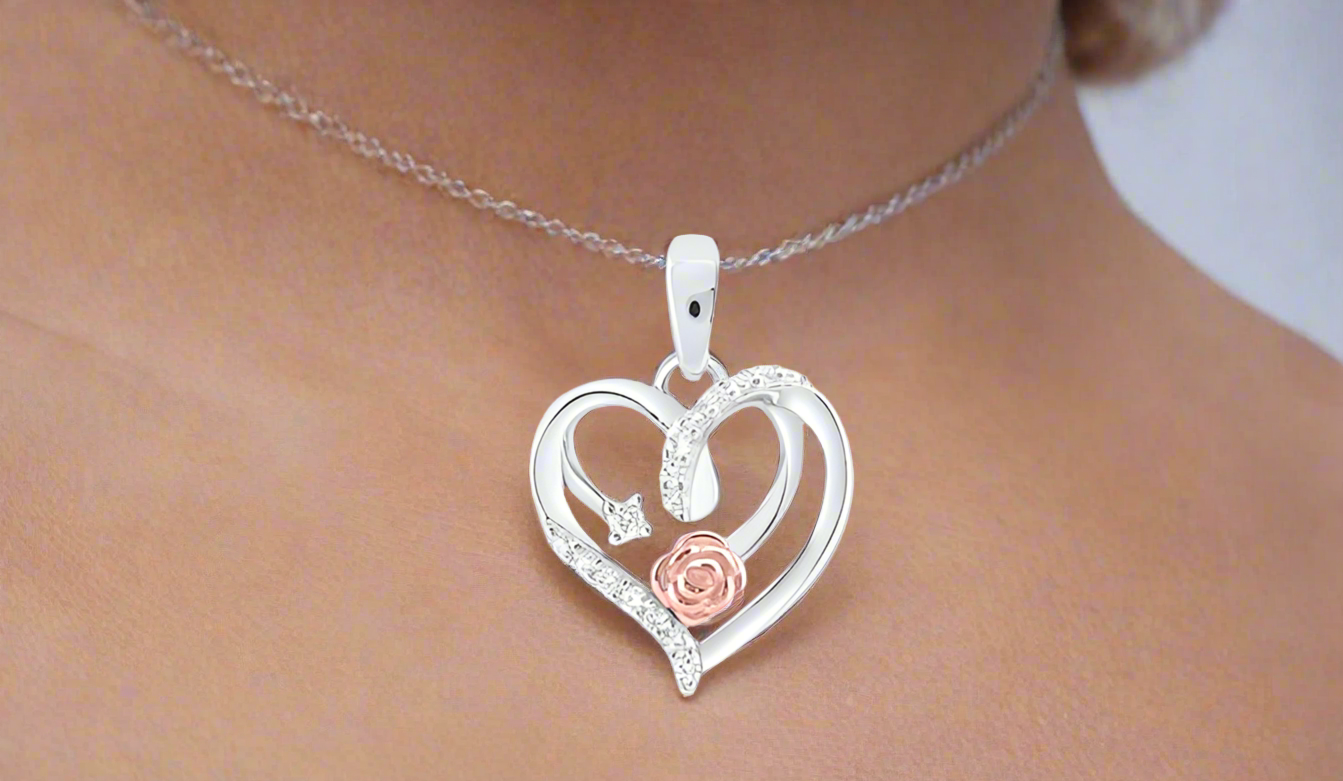 Sterling Silver Diamond Rose Heart Pendant