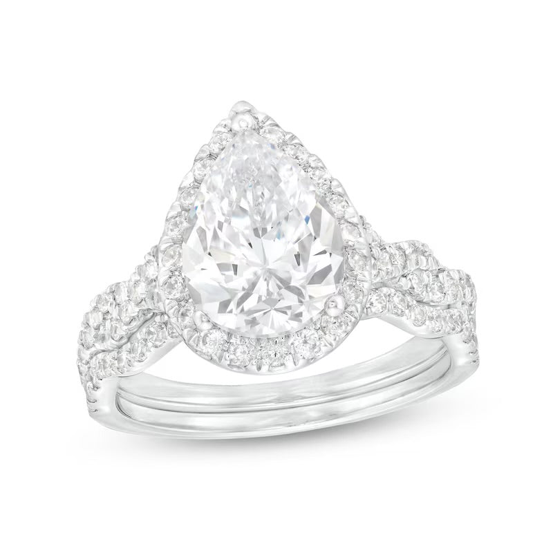 Sterling Silver Moissanite 1.25 Cttw Pear Halo Infinity Shank Bridal Duo Ring Set