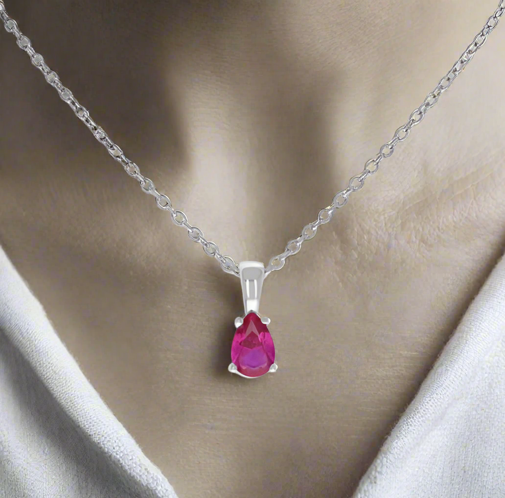 Sterling Silver Magenta Stone Pear Tear Drop Charm Necklace