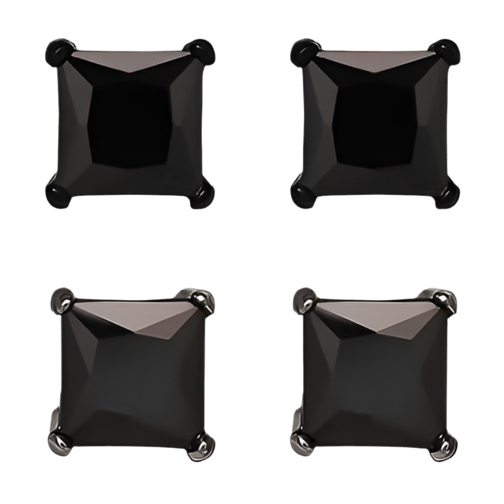 6.0mm Mens Princess-Cut Black Solitaire Stud Earrings in Stainless Steel Black