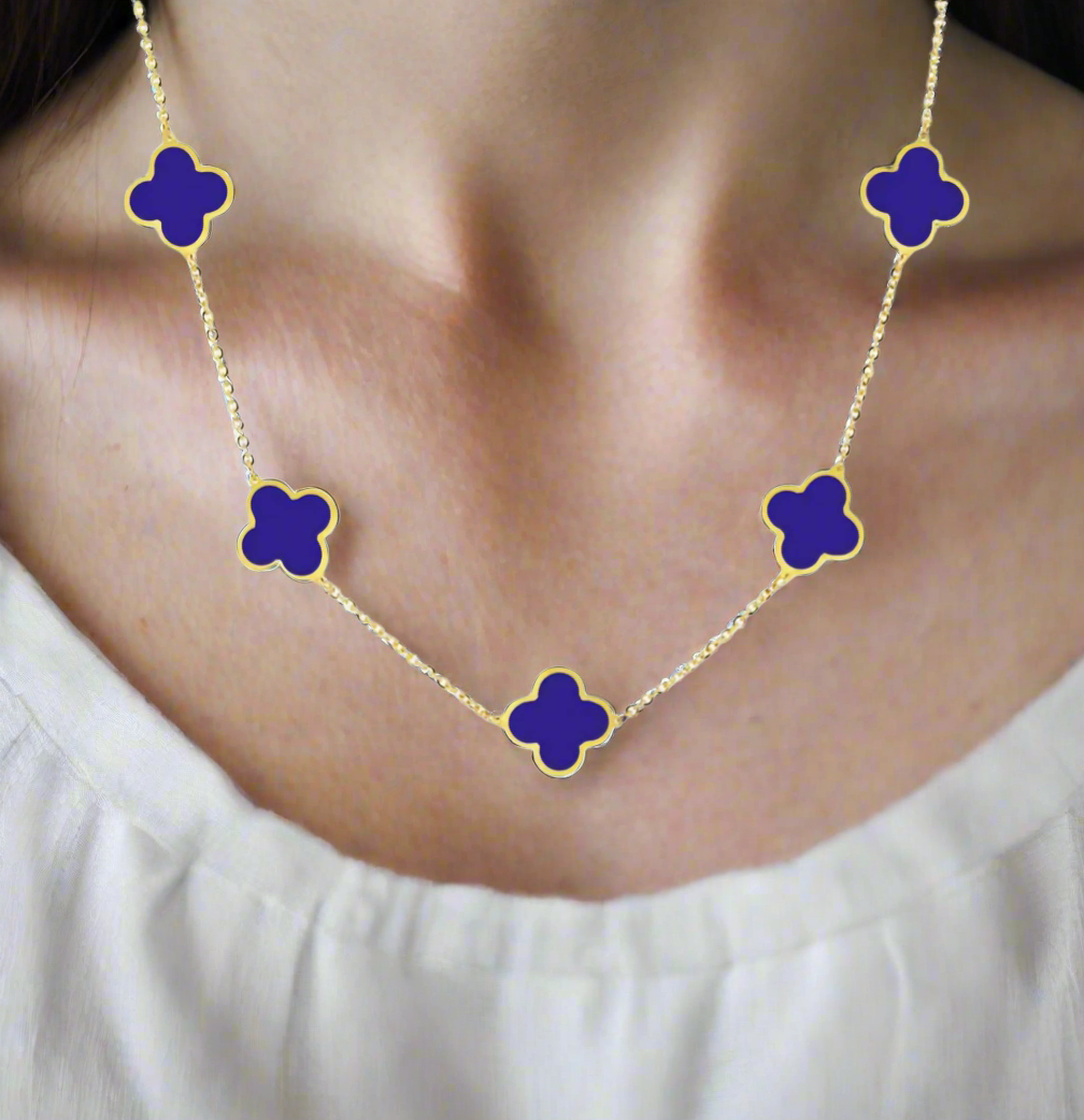 10K Yellow Gold Royal Blue Clover Necklace
